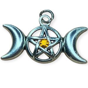 Y2K Silver Tone Triple Moon Goddess Pentagram Pendant Yellow Austrian Crystal